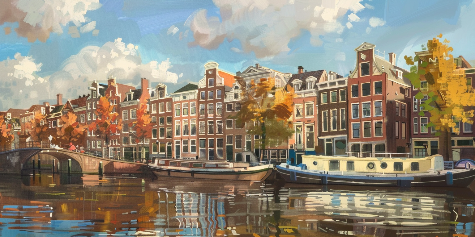 AQ-S0009 120x60 cm Breed landscape schilderij grachten in Amsterdam met woonboten Edward Hopper stijl
