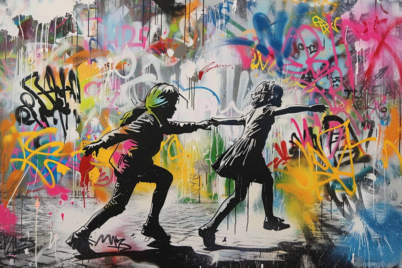 AQ-S0023 90x60 cm Landscape schilderij twee kinderen muur met graffiti Banksy stijl