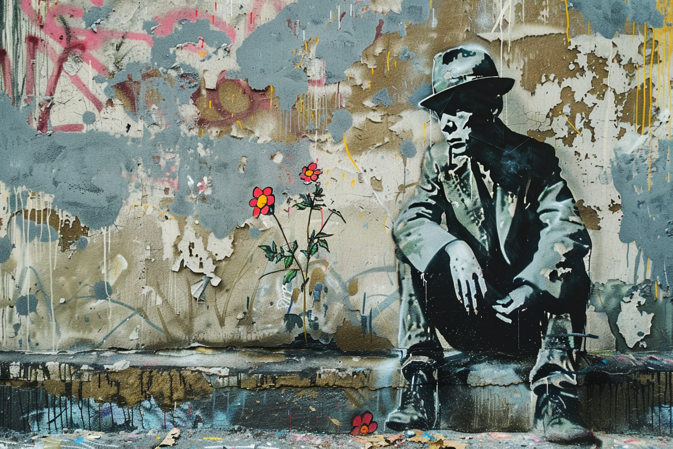 AQ-S0025 90x60 cm landscape schilderij zittende man op muurtje muur met graffiti Banksy stijl