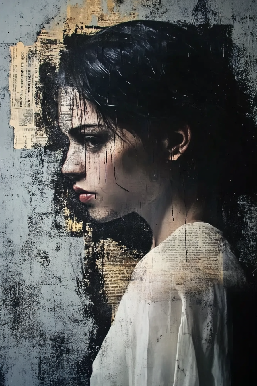 AQ-S0052 60x90 cm Portrait schilderij mysterieuze vrouw en profiel Louis Jover stijl