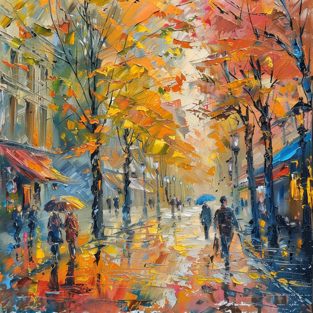 AQ-S079 100x100 cm vierkant schilderij kleurrijke straat in de stad met mensen met paraplu Afremov stijl